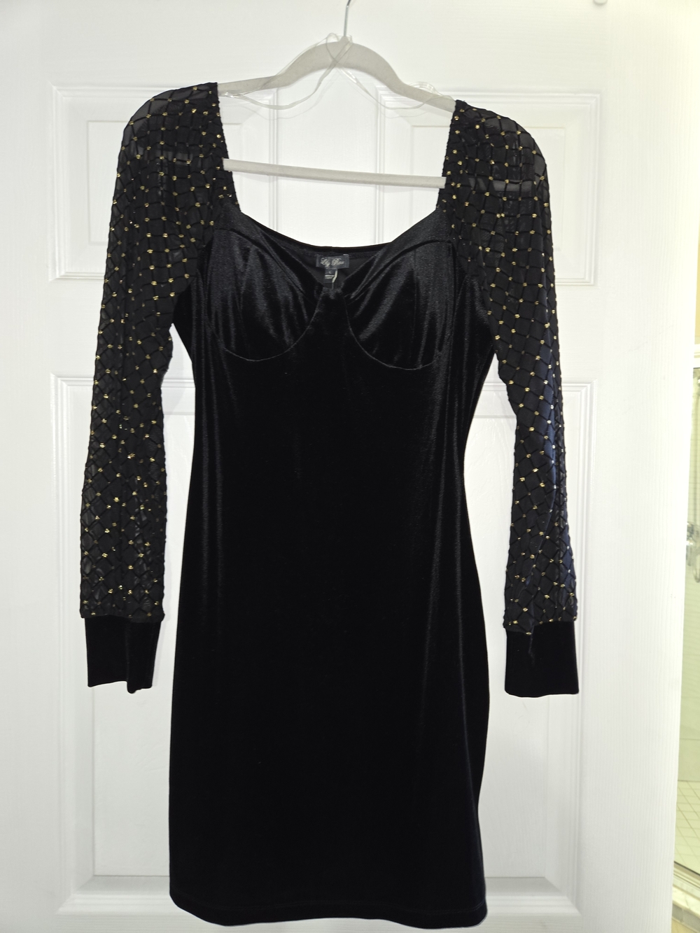 Lily Rose Black Velvet Long-Sleeve Dress with Gold-Studded Sleeves